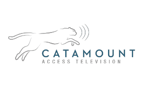 A black and white logo of catamount television.